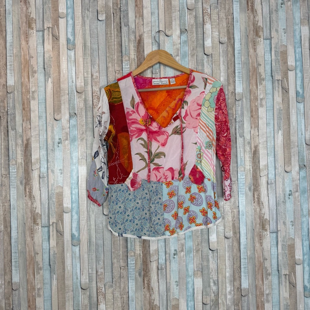 Sacred Threads M Vintage Patchwork Print Top Blou… - image 3